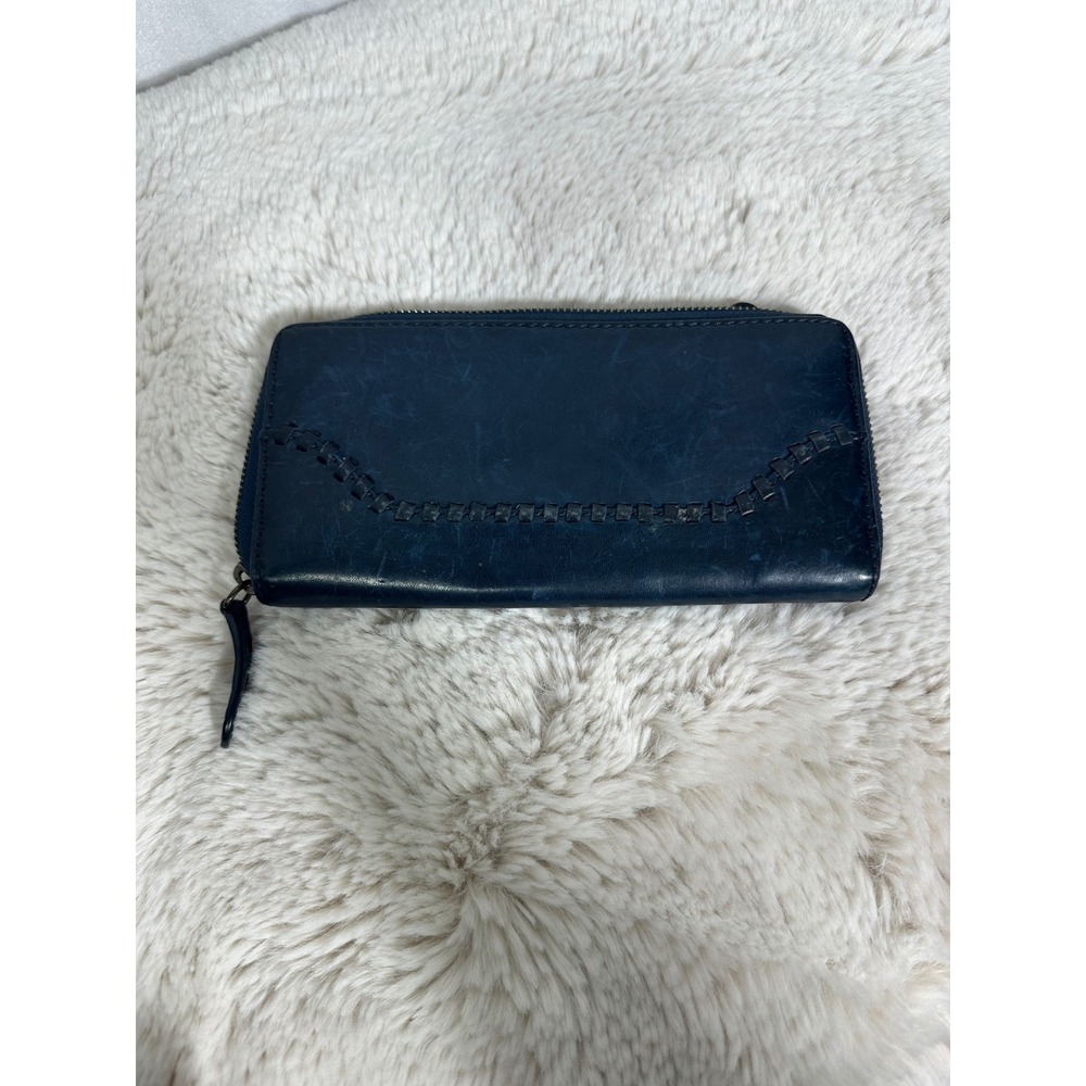 Frye Melissa Zip Around Leather Wallet Navy Slate Blue Whipstitch Continental - Picture 2 of 7
